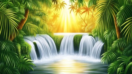 Serene Tropical Waterfall Paradise: Lush Jungle Oasis at Golden Hour