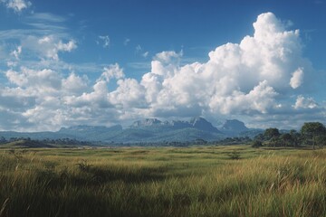 Obraz premium Beautiful landscape scenery of green grass field with mountains and cloudy sky photography nature view 100