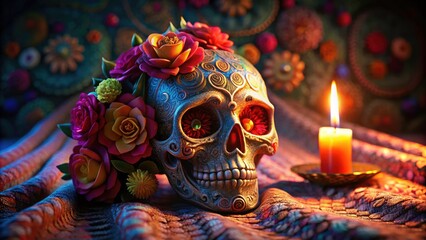 Fototapeta premium Colorful Sugar Skull Day of the Dead Art, Bokeh Flowers Candle Fabric Background