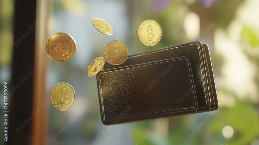 Aufkleber digital wealth accumulation with floating bitcoin coins near wallet metaphor