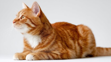 Obraz premium Side profile of a ginger tabby cat sitting in the center of the frame, white background, sharp detail, natural lighting, high-resolution photography