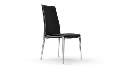 Side view of a dining chair featuring sleek black leather seat and shiny chrome legs, fully visible and centered on a white background, high-resolution product render