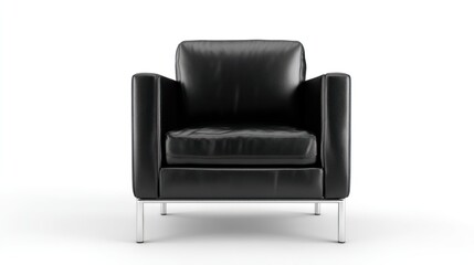 Fototapeta premium Slim-profile black leather chair with sleek chrome legs, front-facing, clean white backdrop, professional lighting