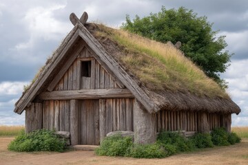 Obraz premium Wooden Cabin with Grass Roof Against Cloudy Sky