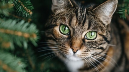 Fototapeta premium A rare cat with vivid green eyes perched calmly on a tree branch in daylight.