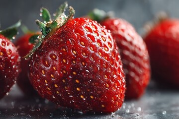 Fresh ripe strawberries close up with water droplets for healthy eating and summer fruit concepts