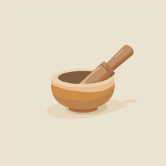 Flat Design Wooden Mortar and Pestle Illustration on Beige Background for Culinary and Herbal Use
