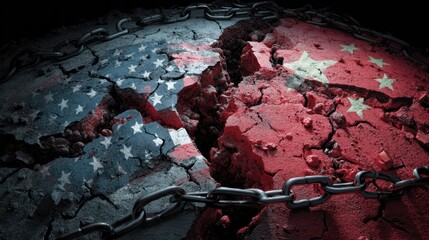 Symbolic representation of global trade war, cracked Earth showing a deep fault with embedded China and US flags, tension chains tightening around the planet, red-black gradient digital art