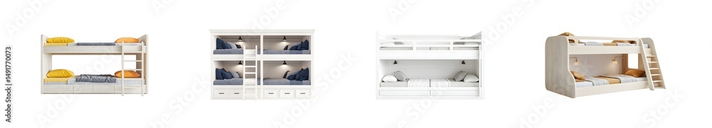 Poster set of multi-level bunk bed design rendering. isolated on transparent background