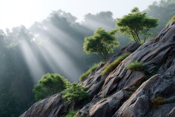 Trees on Rocky Hillside with Sunlight Streaming Through Mist