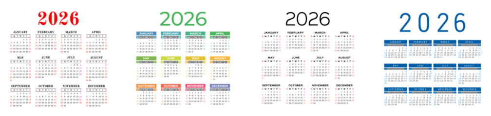 English calendar 2026 year collection. Square vector pocket or wall calender design template set. Week starts on Sunday