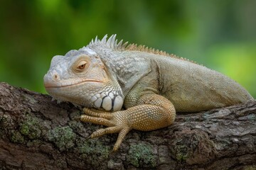 Fototapeta premium Iguana Resting on Branch in Lush Green Nature Setting