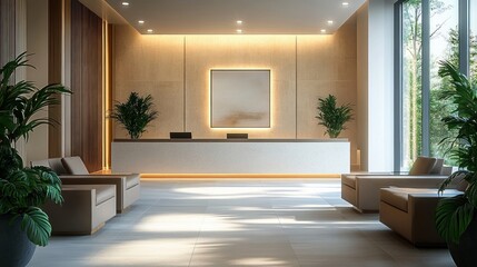 Modern spacious reception area with a minimalist white desk, beige armchairs, large windows letting in natural light, green plants, and warm ambient lighting creating a calm atmosphere