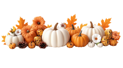 An autumn arrangement of white and orange pumpkins, gourds, fall leaves and flowers on a white background.