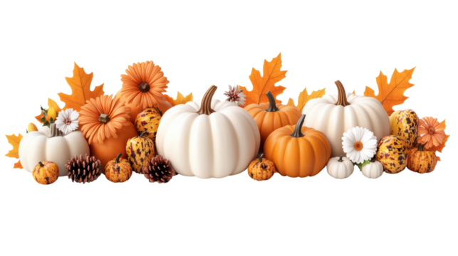 An autumn arrangement of white and orange pumpkins, gourds, fall leaves and flowers on a white background.