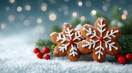 Three ginger cookies with white icing arranged on a wooden table in natural daylight.