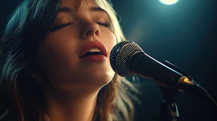 Close-up of a woman passionately singing into a microphone with closed eyes under dramatic stage lighting