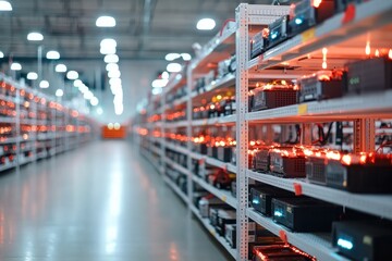 Data center server room with racks of computing hardware for cloud storage