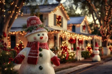Snowman with carrot nose and scarf stands outside a house on a snowy winter day.