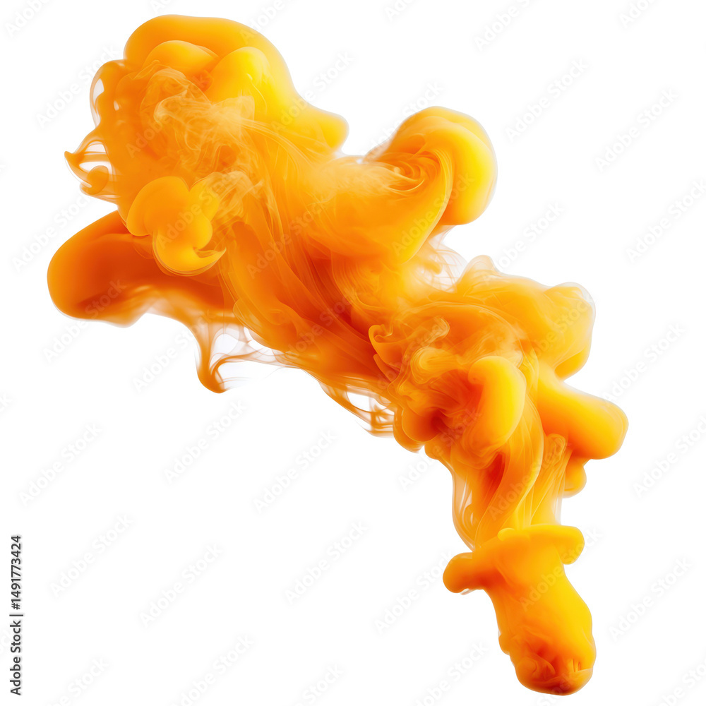 Poster bright orange ink cloud swirling and dispersing in clear liquid on white background creating vibrant