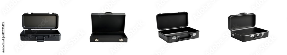 Poster multiple closed and open black storage containers isolated on transparent background