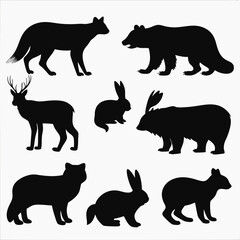 A vector set features animal silhouettes, a black collection with icons of wild and farm animals such as cat, dog, horse, elephant, tiger, cow, lion, deer, bear, and wolf, illustrating nature and mamm