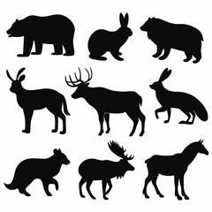 This vector set features a black collection of animal silhouettes, including wild mammals like deer, tiger, lion, and giraffe, alongside farm animals such as horse, cow, and goat, plus a dog and cat i