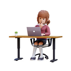 3D girl character working at a desk with a laptop