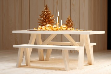 Wooden table with bench and lit candle in cozy indoor setting with warm lighting.
