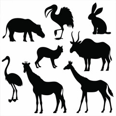 This vector set features black silhouette illustrations of wild and farm animals like elephant, horse, deer, dog, cow, goat, giraffe, cat, lion, and tiger, a nature-inspired collection of mammal icons