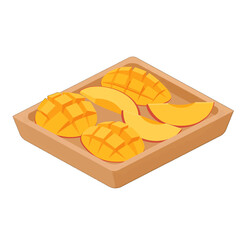 Isometric Illustration Of Mango Slices In Wooden Tray