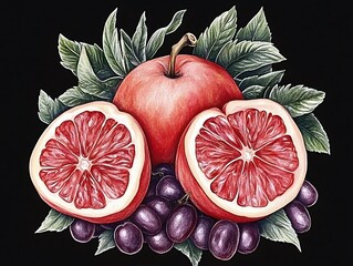 An artistic composition of mirrored and split fruit halves.