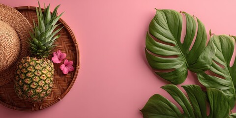 Fototapeta premium Ai image. Tropical Paradise: Vibrant composition with a pineapple, sunhat and tropical leaf, perfect for evoking a sense of warmth and summer bliss.