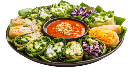 Fresh sp rolls with colorful vegetables and peanut sauce are beautifully arranged on platter for serving.