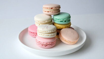 Fototapeta premium delightful pastel-colored macarons arranged on a white plate. perfect for blogs, websites, and food-related projects. sweet and elegant.