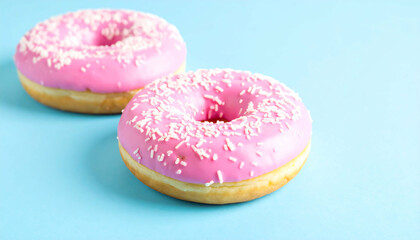 two delectable pink donuts with white sprinkles, on a bright blue background. perfect for food blogs, websites, and social media.