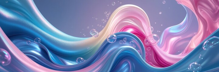 Abstract flowing waves in pink, white, and blue with bubbles, creating a dreamy and ethereal illustration, close to 150 characters
