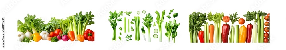 Poster set of colorful assortment of fresh produce displayed in rows. isolated on transparent background