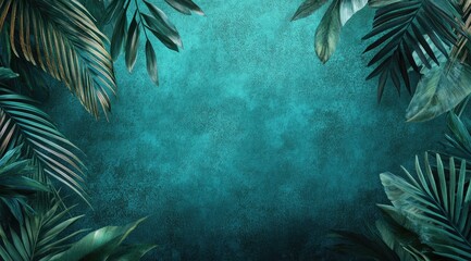 Tropical leaves frame a teal wall