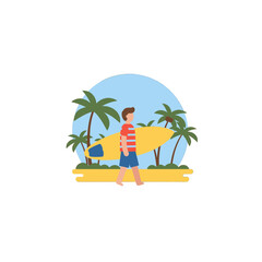 Obraz premium Young Boy Surfing At Tropical Beach Illustration