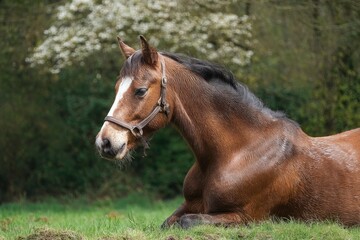 Obraz premium Horse Relaxing Lying Down in Grassy Field Outdoors