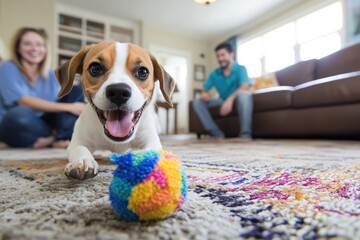 Dog ready to play with ball indoor happy pet and family lifestyle domestic animal