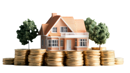Miniature house rests atop golden coin stacks depicting financial investment and home ownership aspirations.