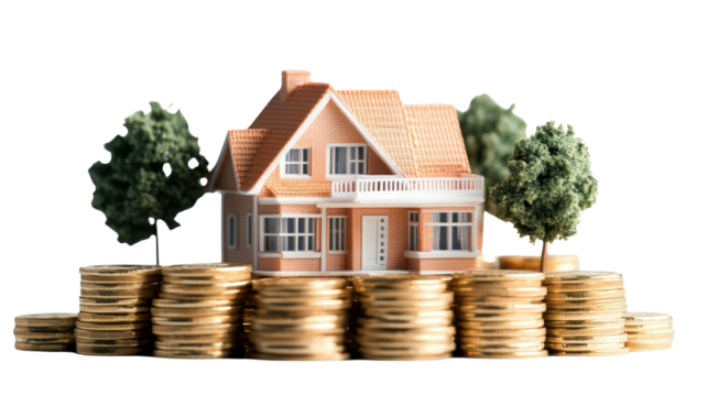 Miniature house rests atop golden coin stacks depicting financial investment and home ownership aspirations.