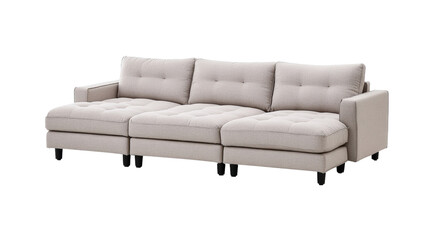 An elegant beige sectional sofa with tufted cushions is presented against a clean, bright white background.