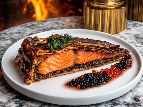 Gourmet Plated Salmon with a Creamy Dill Sauce and Pearls of Caviar