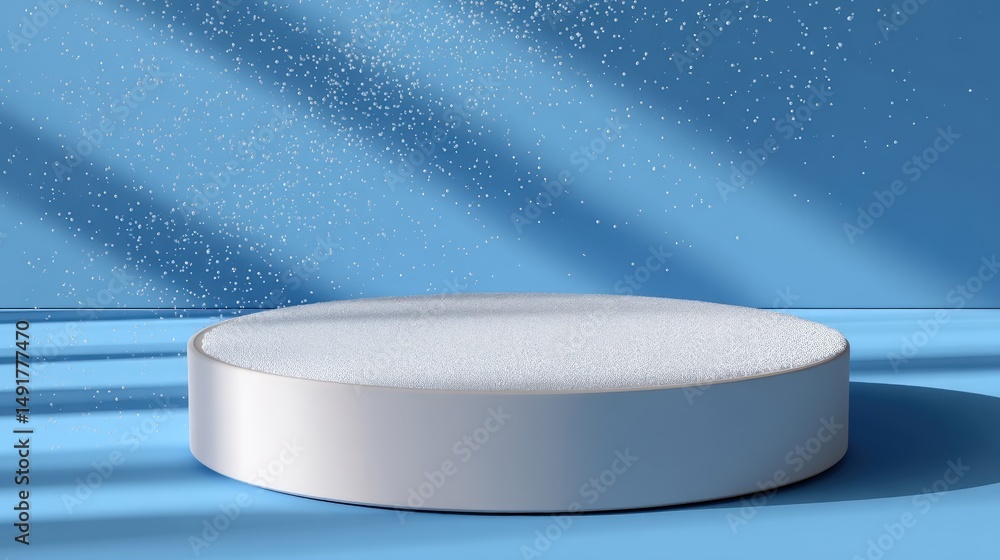 Poster white round object placed on a smooth blue surface with soft lighting, minimalist composition.