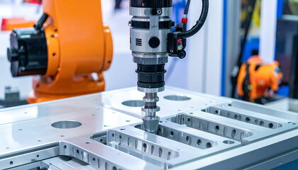 Fototapeta premium close-up of a robotic arm performing precise manufacturing operations on a metal component. high-tech industrial automation at work. perfect for technology, engineering, and manufacturing projects.