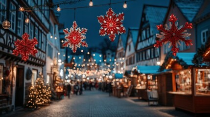 Fototapeta premium White snowflake decorations hanging on strings along a street, bright daytime with clear sky.