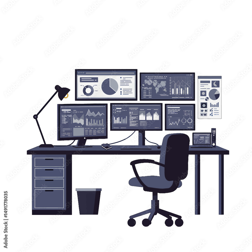 Poster pixelated modern workspace with multiple monitors